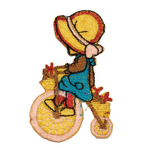 Vintage Girl Antique Bike Blue Dress Iron On Applique Patch